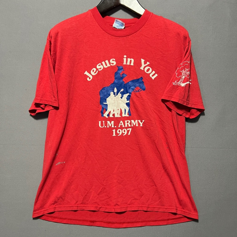 Vintage 1997 UM Army Jesus in You Red Graphic T-Shirt Hanes Heavyweight Large
